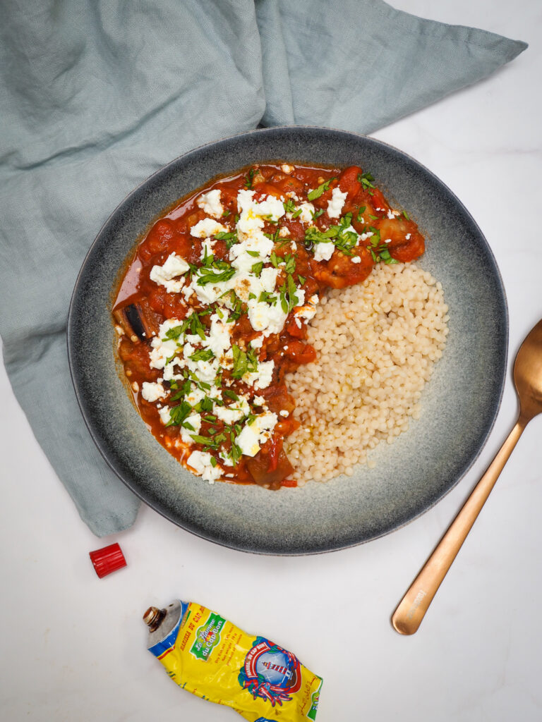 Zaalouk met parelcouscous en feta