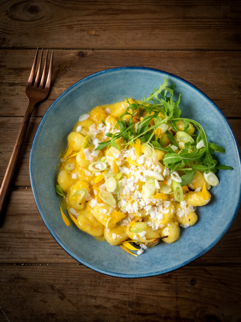 Gnocchi met pompoen carbonara